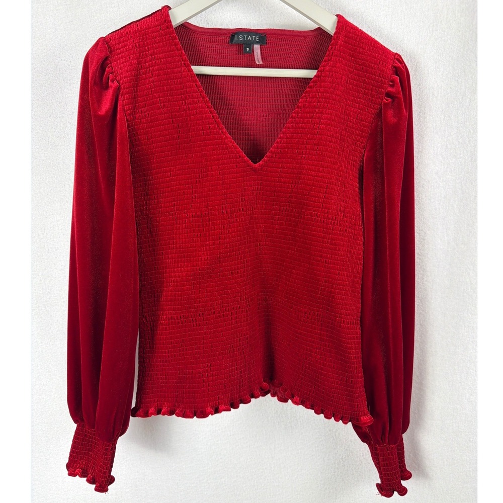 1.STATE Womens Red Smocked Velvet V-Neck Balloon Sleeve Blouse Top Small